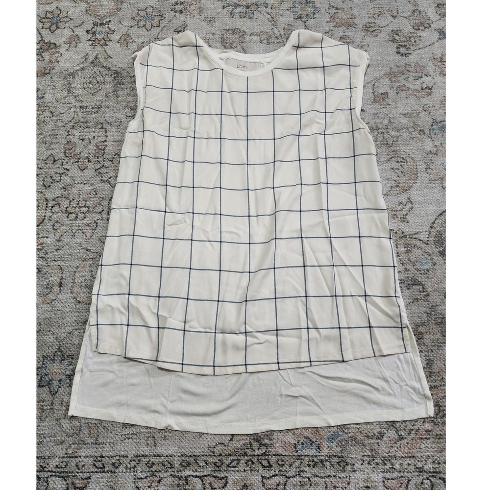 Loft Sleeveless Windowpane Check Tunic Top Cream Blue Flowy Hi Lo Small